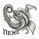 Fishing hook with line coming out of it and the line spelling MeeMee gone fishin tattoo design idea
