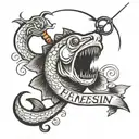 Fishing hook with line coming out of it and the line spelling MeeMee gone fishin tattoo design idea