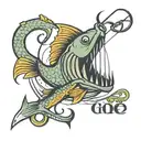 Fishing hook with line coming out of it and the line spelling MeeMee gone fishin tattoo design idea