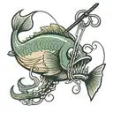 Fishing hook with line coming out of it and the line spelling MeeMee gone fishin tattoo design idea