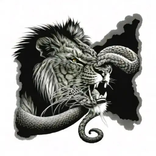 lion biting snake while snake it about to bit the lion as well  tattoo design idea