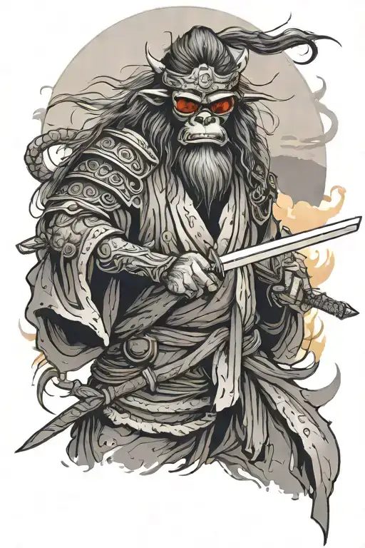 yeti samurai wearing sunglasses in a black aquarell mystic style with a sword in his hand and the setting sun in back tattoo design idea