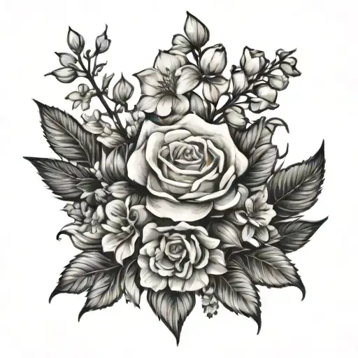 bouquet of hydrangea, rose, iris, and cherry blossoms with black outline   tattoo design idea