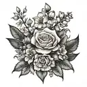 bouquet of hydrangea, rose, iris, and cherry blossoms with black outline   tattoo design idea