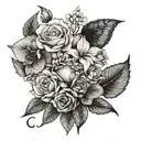 bouquet of hydrangea, rose, iris, and cherry blossoms with black outline   tattoo design idea