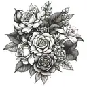 bouquet of hydrangea, rose, iris, and cherry blossoms with black outline   tattoo design idea