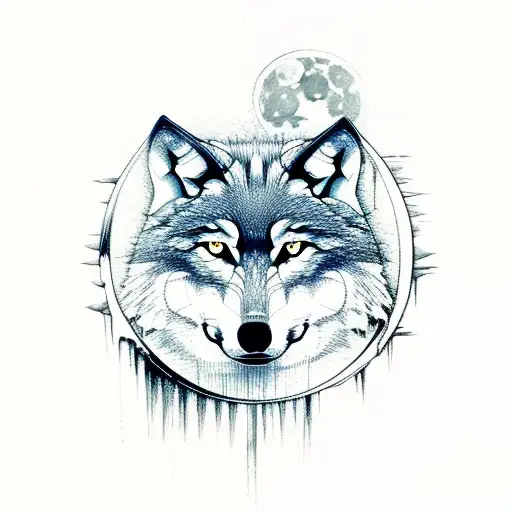 Wolf with water reflection and forest and moon in background tattoo design idea