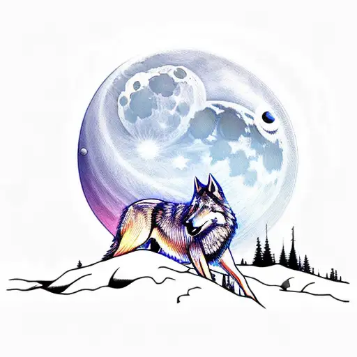 Wolf with water reflection and forest and moon in background tattoo design idea