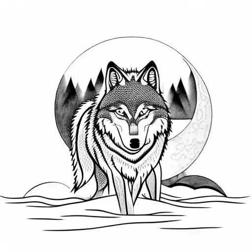 Wolf with water reflecting the wolf and forest and moon in background tattoo design idea
