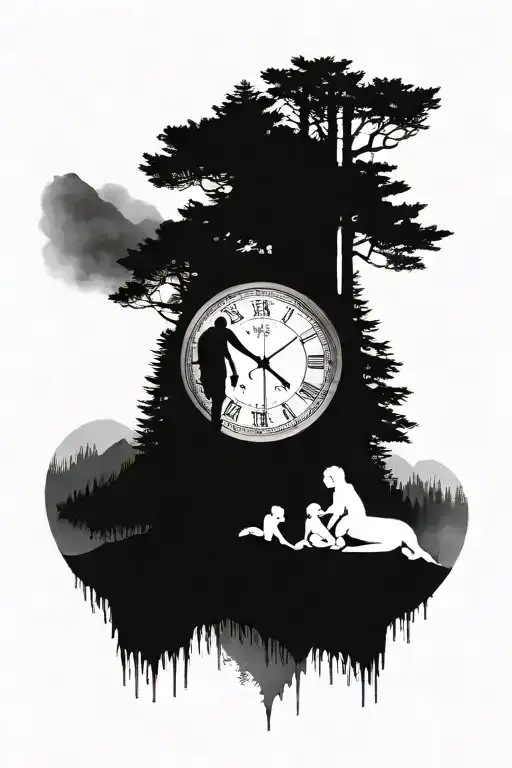baby with parents, in a forest with mountain, fog and a big clock tattoo design idea