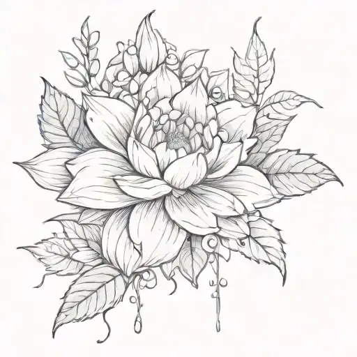 Rose larkspur honeysuckle water lily intertwined tattoo design idea