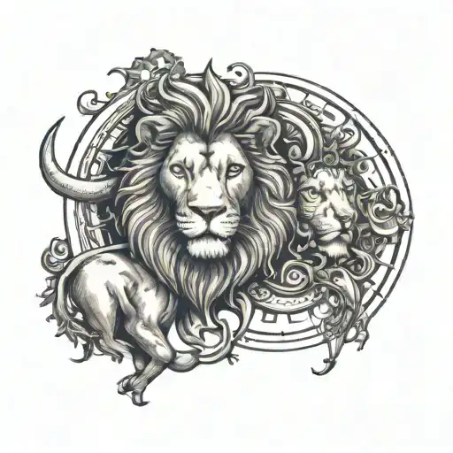 Matching tattoos of a sun and a moon, one with a bull motif and the other with a lion motif, symbolizing the friendship between a Taurus and a Leo tattoo design idea