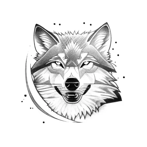 A dynamic race car drifting around a corner with a wolf howling in the background tattoo design idea