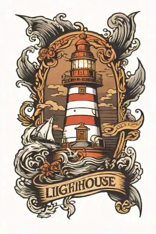 lighthouse and ship sailing tattoo design idea