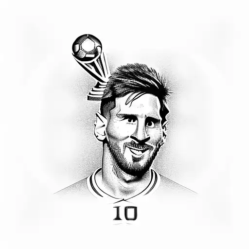 Messi in barcelona jersey with world cup trophy and symbol of infinity under picture tattoo design idea