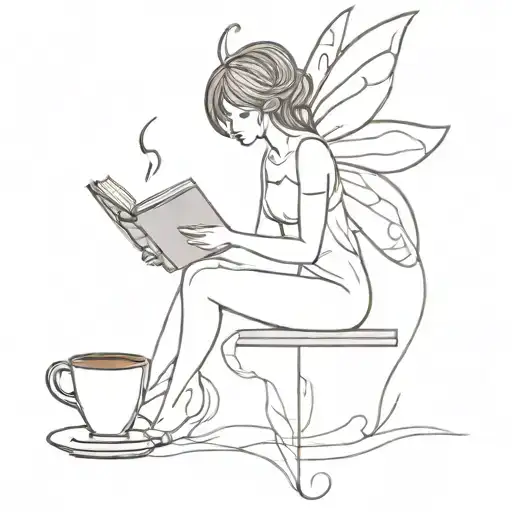 A minimalist tattoo of a fairy reading a book while drinking coffee tattoo design idea