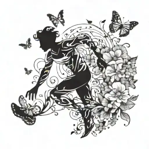 A silhouette of a runner with a trail of flowers and butterflies following behind tattoo design idea
