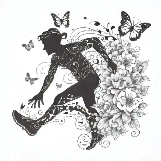 A silhouette of a runner with a trail of flowers and butterflies following behind tattoo design idea