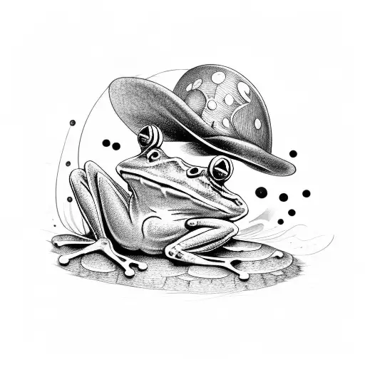 frog wearing top hat leaning against mushroom tattoo design idea
