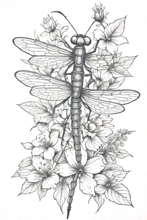 praying mantis dragon fly and  flower tattoo design idea