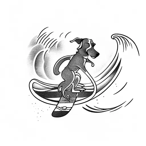 A surfing scene with a dog riding the waves alongside the surfer tattoo design idea
