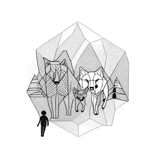 A minimalist tattoo of a wolf family walking through a library tattoo design idea