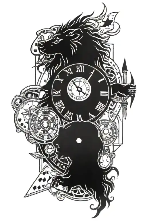 clock and lion head and compass and dice and playing Cards and slot machine  tattoo design idea