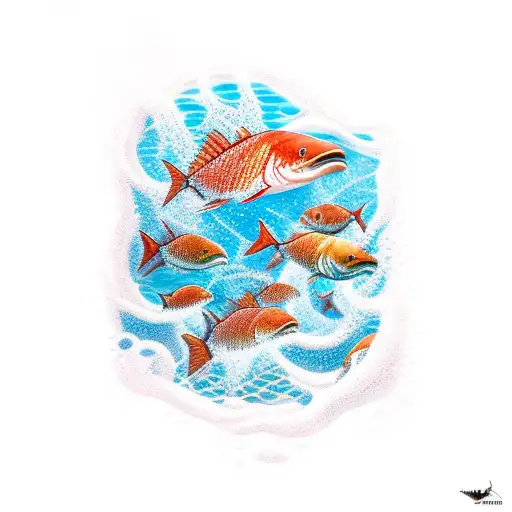 An underwater scene with a school of vibrant redfish swimming around a sunken pirate ship tattoo design idea