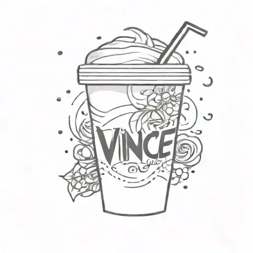 A spilled iced coffee takeaway cup with the word 'Vince' on the front of the cup. The letter 'V' of 'VINCE' is made from tattoo design idea