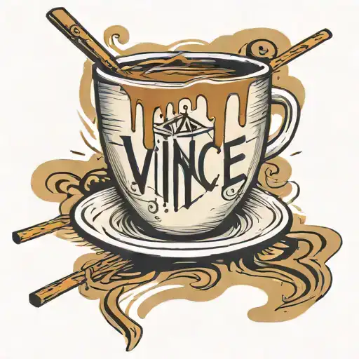 A spilled iced coffee cup with the word 'Vince' on the front of it. The letter 'V' is made from two crossing chopsticks. tattoo design idea