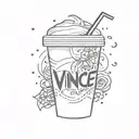 A spilled iced coffee takeaway cup with the word 'Vince' on the front of the cup. The letter 'V' of 'VINCE' is made from tattoo design idea