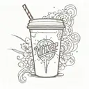 A spilled iced coffee takeaway cup with the word 'Vince' on the front of the cup. The letter 'V' of 'VINCE' is made from tattoo design idea