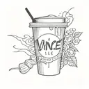 A spilled iced coffee takeaway cup with the word 'Vince' on the front of the cup. The letter 'V' of 'VINCE' is made from tattoo design idea