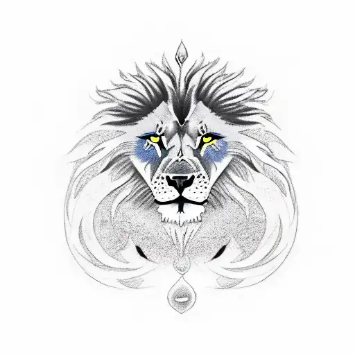 an image of a lion-like face with a yellow eye on the left and a wolf with blue eyes made in black and white divided in  tattoo design idea