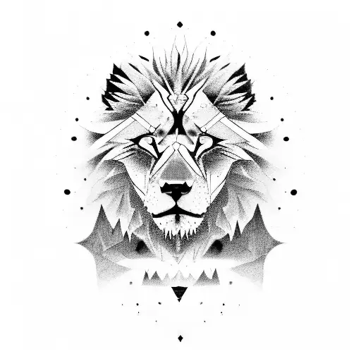 an image of a lion-like face with a yellow eye on the left and a wolf with blue eyes made in black and white divided in  tattoo design idea