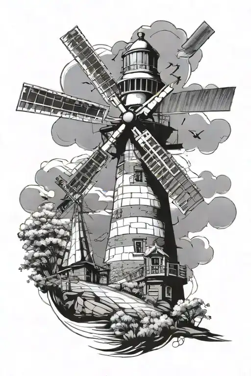 half a lighthouse half a dutch windmill side by side with a little space in between tattoo design idea