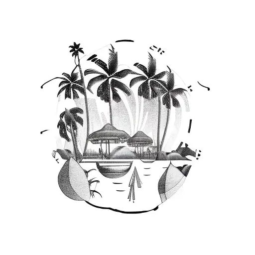 A blackwork tattoo of a camera surrounded by palm trees on a beach background tattoo design idea