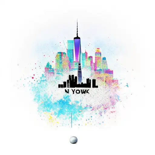 A golf ball on a tee with a skyline of New York in the background tattoo design idea