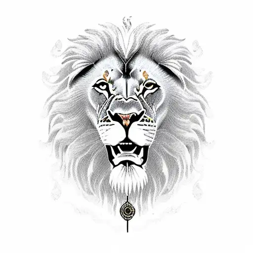 A lion symbolizing strength and courage, surrounded by a river flowing with tarot card imagery tattoo design idea