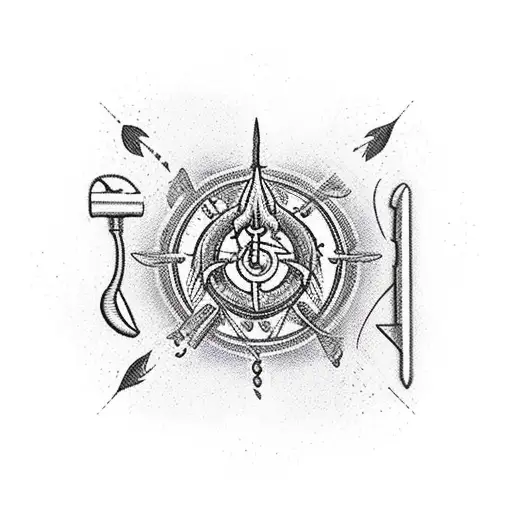 A phlebotomist's tools intertwined with tarot card symbols, set against a backdrop of a tranquil rainfall tattoo design idea