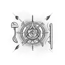 A phlebotomist's tools intertwined with tarot card symbols, set against a backdrop of a tranquil rainfall tattoo design idea