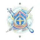 A phlebotomist's tools intertwined with tarot card symbols, set against a backdrop of a tranquil rainfall tattoo design idea