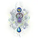 A phlebotomist's tools intertwined with tarot card symbols, set against a backdrop of a tranquil rainfall tattoo design idea