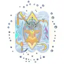 A phlebotomist's tools intertwined with tarot card symbols, set against a backdrop of a tranquil rainfall tattoo design idea