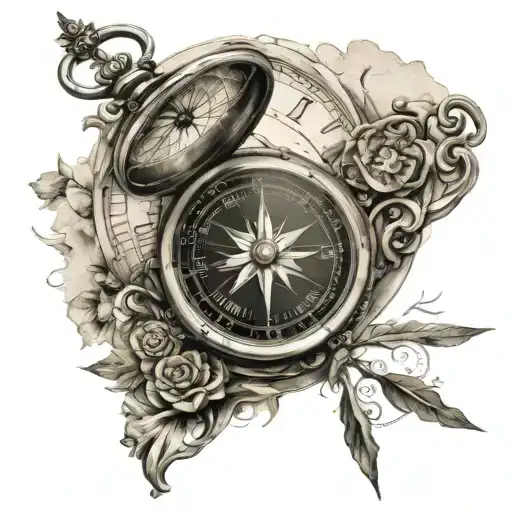 compass combined with old clock  tattoo design idea