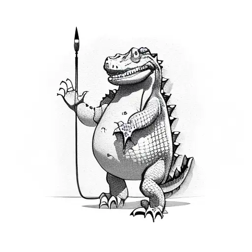 Friendly looking aligator kind of fat standing up playing a guitar  tattoo design idea