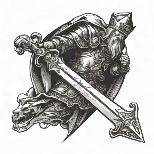 King Arthur with his hand on the sword and the sword in the stone tattoo design idea