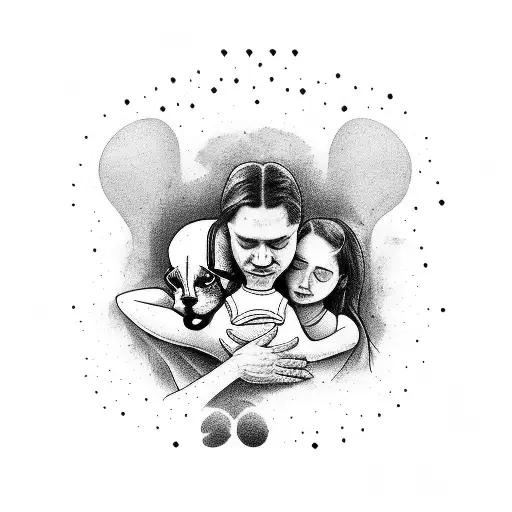 a hug between father, mother, two daughters and a dog tattoo design idea