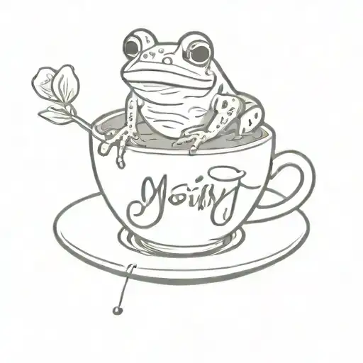 A frog, a cup of coffee, a croissant and the word My Saint tattoo design idea