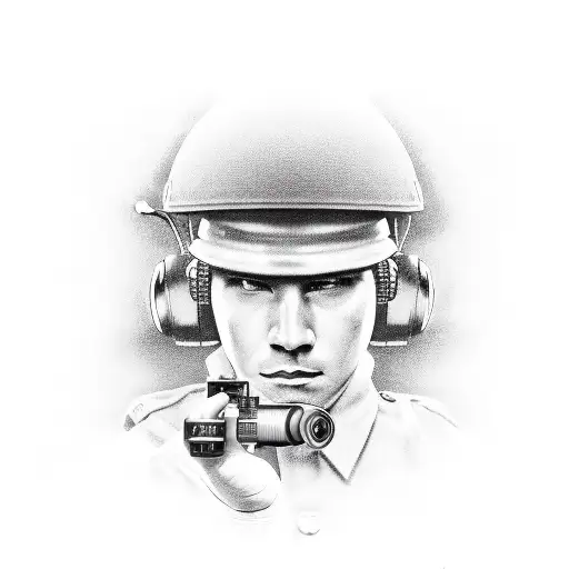 A soldier holding a wrench and a radio, with car parts scattered around tattoo design idea